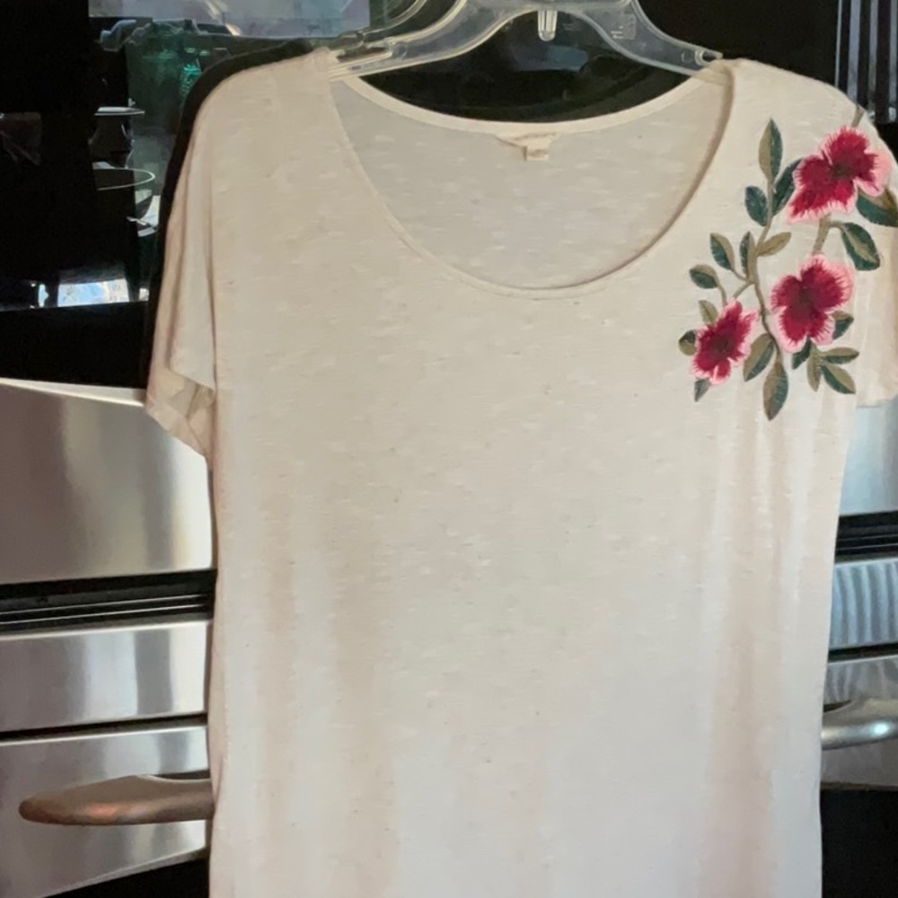 Adiva brand oatmeal color with embroidered Pink Flowers, TShirt, short sleeve